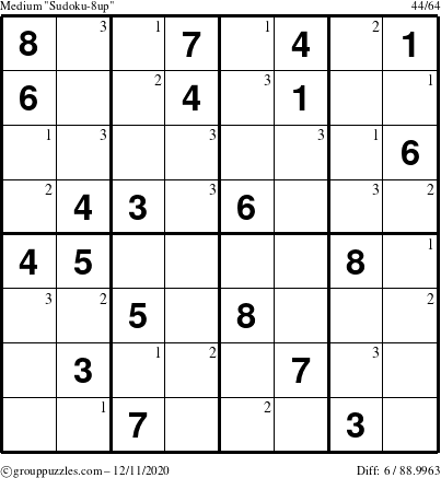 The grouppuzzles.com Medium Sudoku-8up puzzle for Friday December 11, 2020 with the first 3 steps marked