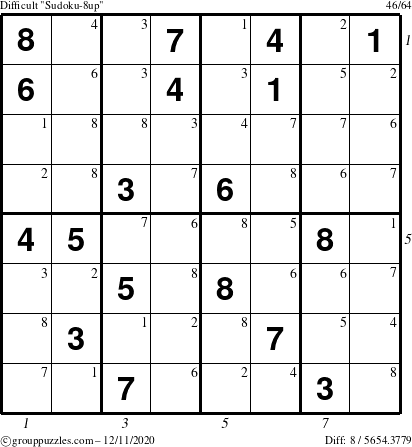 The grouppuzzles.com Difficult Sudoku-8up puzzle for Friday December 11, 2020 with all 8 steps marked