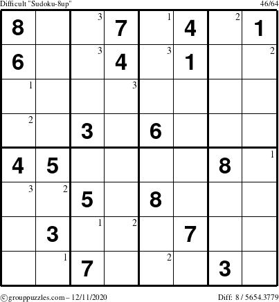 The grouppuzzles.com Difficult Sudoku-8up puzzle for Friday December 11, 2020 with the first 3 steps marked