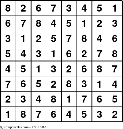 The grouppuzzles.com Answer grid for the Sudoku-8up puzzle for Friday December 11, 2020