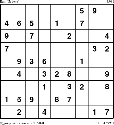 The grouppuzzles.com Easy Sudoku puzzle for Friday December 11, 2020