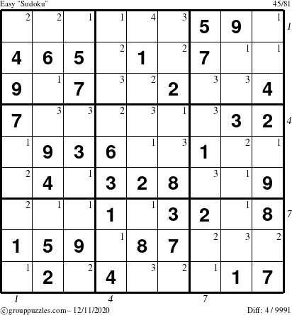 The grouppuzzles.com Easy Sudoku puzzle for Friday December 11, 2020 with all 4 steps marked