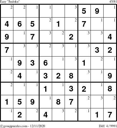 The grouppuzzles.com Easy Sudoku puzzle for Friday December 11, 2020 with the first 3 steps marked