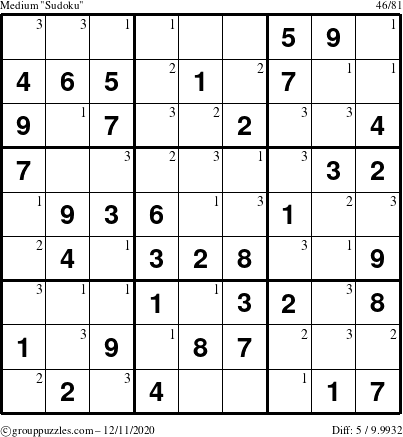 The grouppuzzles.com Medium Sudoku puzzle for Friday December 11, 2020 with the first 3 steps marked