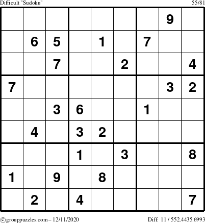 The grouppuzzles.com Difficult Sudoku puzzle for Friday December 11, 2020