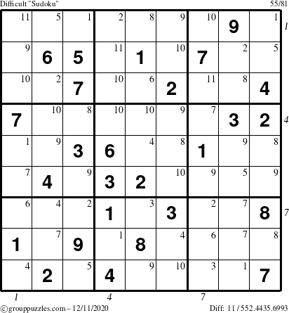 The grouppuzzles.com Difficult Sudoku puzzle for Friday December 11, 2020 with all 11 steps marked