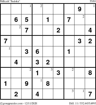 The grouppuzzles.com Difficult Sudoku puzzle for Friday December 11, 2020 with the first 3 steps marked