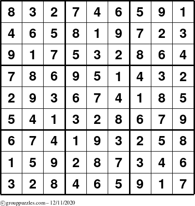 The grouppuzzles.com Answer grid for the Sudoku puzzle for Friday December 11, 2020