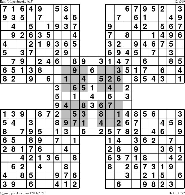 The grouppuzzles.com Easy HyperSudoku-by5 puzzle for Friday December 11, 2020