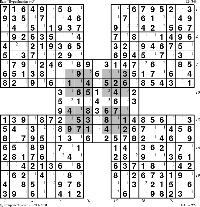 The grouppuzzles.com Easy HyperSudoku-by5 puzzle for Friday December 11, 2020 with all 3 steps marked