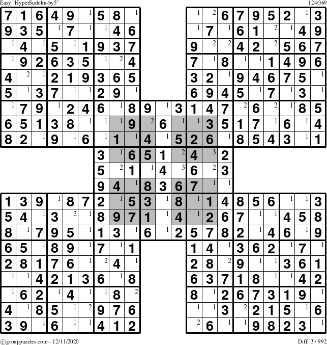 The grouppuzzles.com Easy HyperSudoku-by5 puzzle for Friday December 11, 2020 with the first 3 steps marked