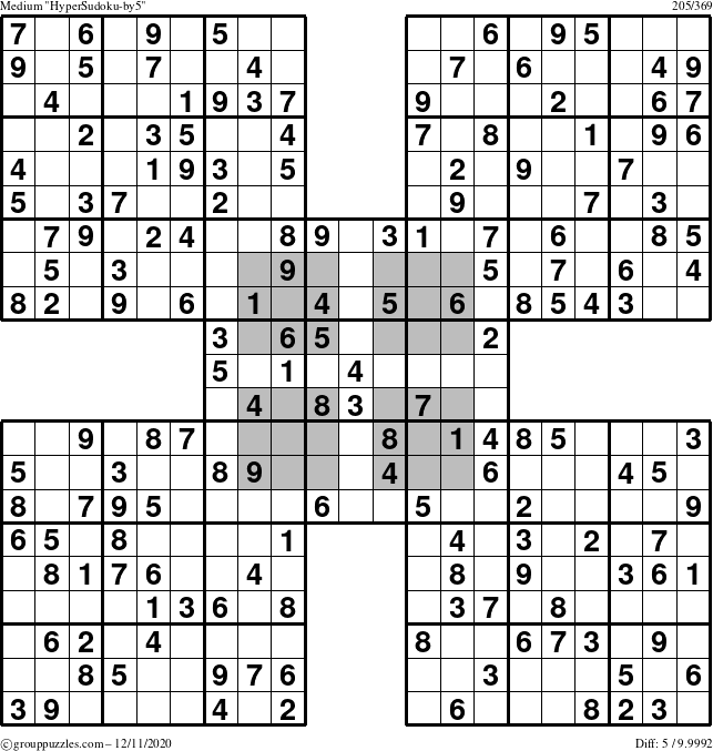 The grouppuzzles.com Medium HyperSudoku-by5 puzzle for Friday December 11, 2020