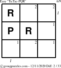 The grouppuzzles.com Easy TicTac-PQR puzzle for Friday December 11, 2020 with all 2 steps marked