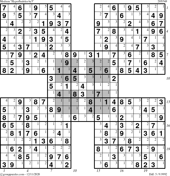 The grouppuzzles.com Medium HyperSudoku-by5 puzzle for Friday December 11, 2020 with all 5 steps marked