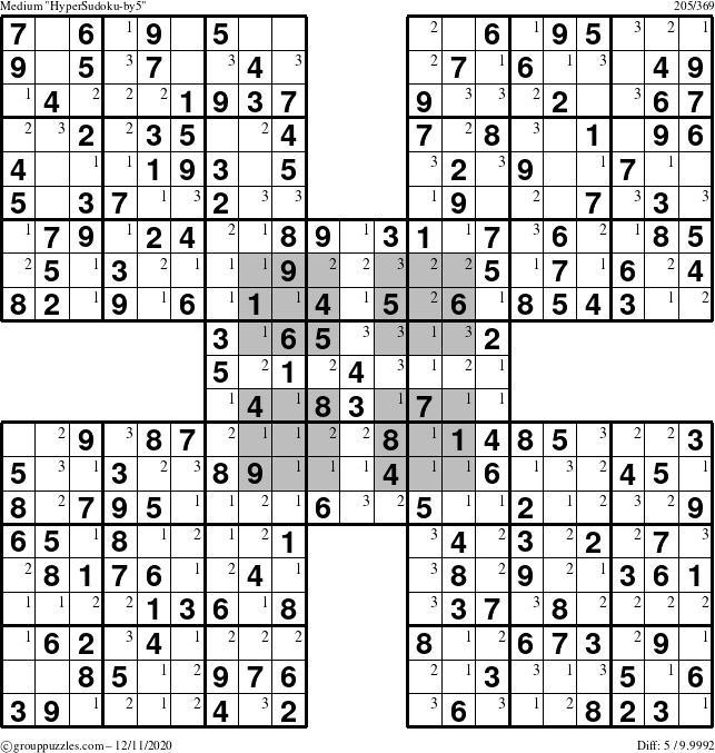 The grouppuzzles.com Medium HyperSudoku-by5 puzzle for Friday December 11, 2020 with the first 3 steps marked