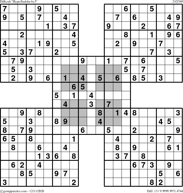 The grouppuzzles.com Difficult HyperSudoku-by5 puzzle for Friday December 11, 2020