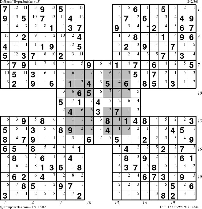 The grouppuzzles.com Difficult HyperSudoku-by5 puzzle for Friday December 11, 2020 with all 13 steps marked