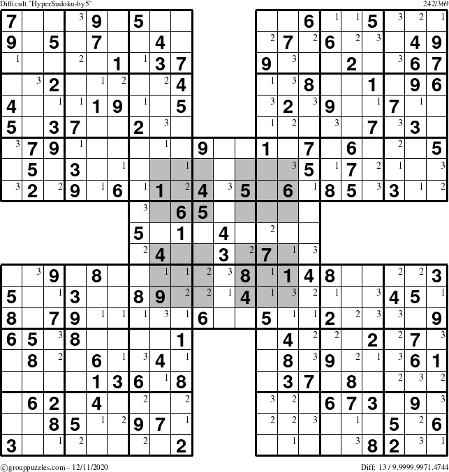 The grouppuzzles.com Difficult HyperSudoku-by5 puzzle for Friday December 11, 2020 with the first 3 steps marked