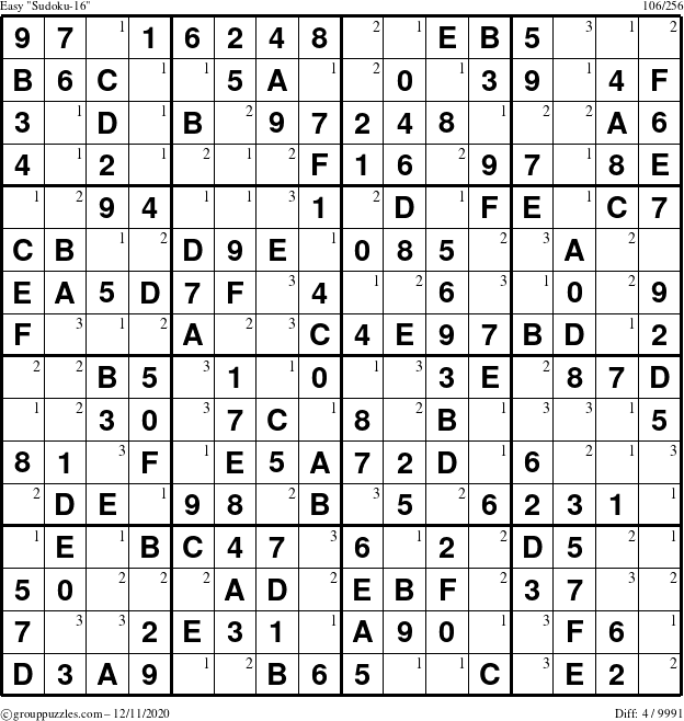 The grouppuzzles.com Easy Sudoku-16 puzzle for Friday December 11, 2020 with the first 3 steps marked