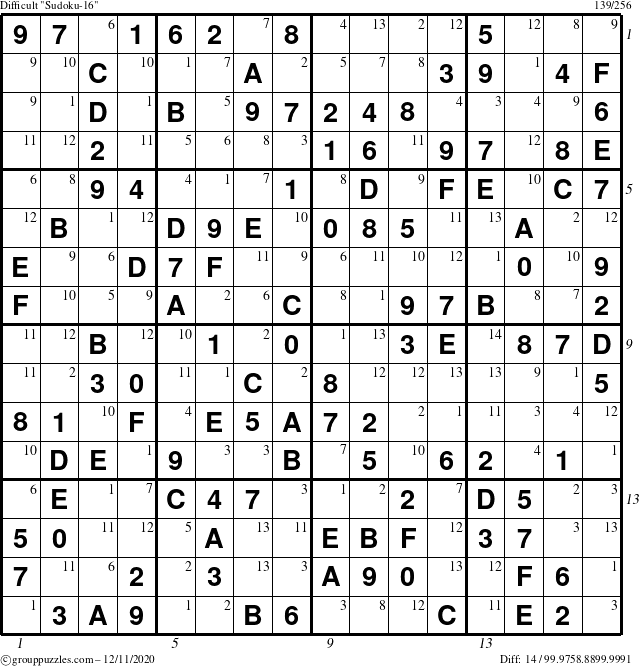 The grouppuzzles.com Difficult Sudoku-16 puzzle for Friday December 11, 2020 with all 14 steps marked