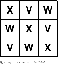 The grouppuzzles.com Answer grid for the TicTac-VWX puzzle for Wednesday January 20, 2021