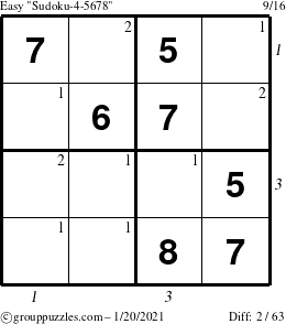 The grouppuzzles.com Easy Sudoku-4-5678 puzzle for Wednesday January 20, 2021, suitable for printing, with all 2 steps marked