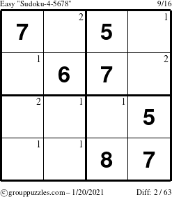 The grouppuzzles.com Easy Sudoku-4-5678 puzzle for Wednesday January 20, 2021 with the first 2 steps marked