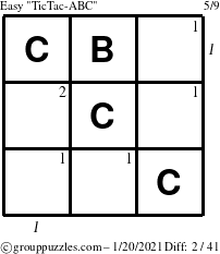 The grouppuzzles.com Easy TicTac-ABC puzzle for Wednesday January 20, 2021 with all 2 steps marked