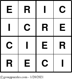 The grouppuzzles.com Answer grid for the Eric puzzle for Wednesday January 20, 2021