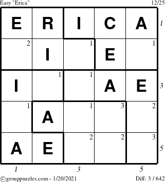 The grouppuzzles.com Easy Erica puzzle for Wednesday January 20, 2021 with all 3 steps marked