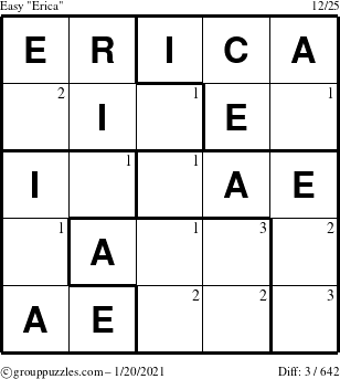 The grouppuzzles.com Easy Erica puzzle for Wednesday January 20, 2021 with the first 3 steps marked