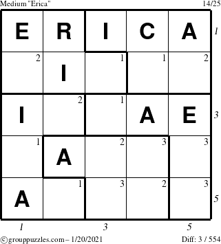 The grouppuzzles.com Medium Erica puzzle for Wednesday January 20, 2021 with all 3 steps marked