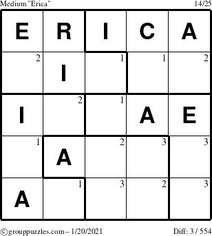 The grouppuzzles.com Medium Erica puzzle for Wednesday January 20, 2021 with the first 3 steps marked