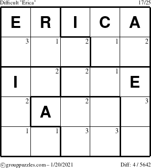 The grouppuzzles.com Difficult Erica puzzle for Wednesday January 20, 2021 with the first 3 steps marked