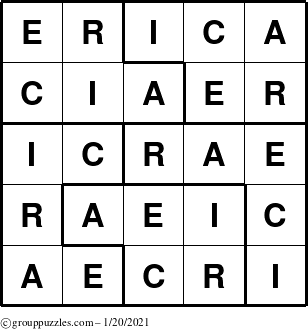 The grouppuzzles.com Answer grid for the Erica puzzle for Wednesday January 20, 2021