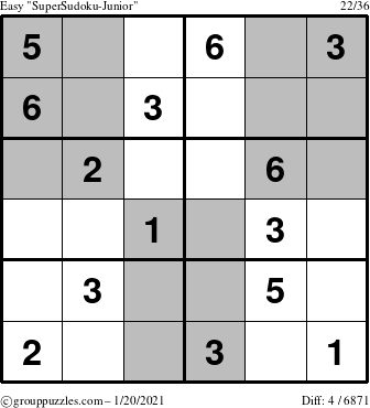 The grouppuzzles.com Easy SuperSudoku-Junior puzzle for Wednesday January 20, 2021