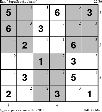 The grouppuzzles.com Easy SuperSudoku-Junior puzzle for Wednesday January 20, 2021 with all 4 steps marked