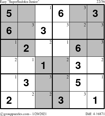 The grouppuzzles.com Easy SuperSudoku-Junior puzzle for Wednesday January 20, 2021 with the first 3 steps marked