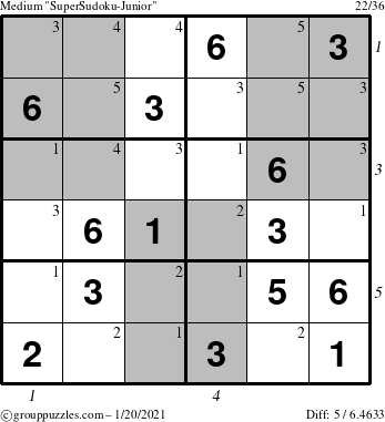 The grouppuzzles.com Medium SuperSudoku-Junior puzzle for Wednesday January 20, 2021 with all 5 steps marked