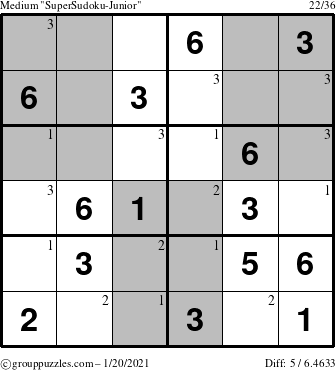 The grouppuzzles.com Medium SuperSudoku-Junior puzzle for Wednesday January 20, 2021 with the first 3 steps marked