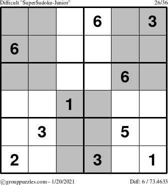 The grouppuzzles.com Difficult SuperSudoku-Junior puzzle for Wednesday January 20, 2021