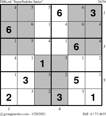 The grouppuzzles.com Difficult SuperSudoku-Junior puzzle for Wednesday January 20, 2021 with all 6 steps marked