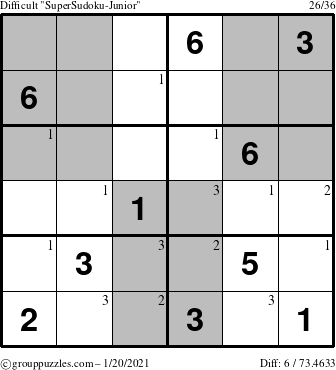 The grouppuzzles.com Difficult SuperSudoku-Junior puzzle for Wednesday January 20, 2021 with the first 3 steps marked