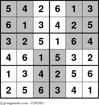 The grouppuzzles.com Answer grid for the SuperSudoku-Junior puzzle for Wednesday January 20, 2021