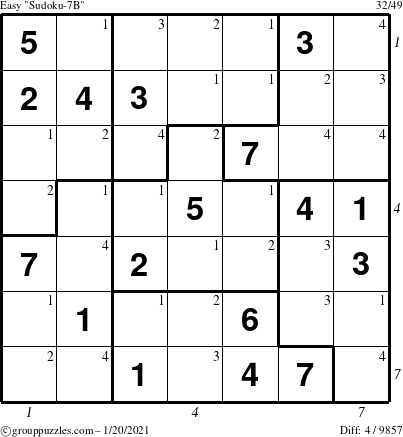 The grouppuzzles.com Easy Sudoku-7B puzzle for Wednesday January 20, 2021 with all 4 steps marked