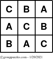 The grouppuzzles.com Answer grid for the TicTac-ABC puzzle for Wednesday January 20, 2021