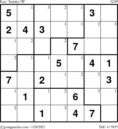 The grouppuzzles.com Easy Sudoku-7B puzzle for Wednesday January 20, 2021 with the first 3 steps marked