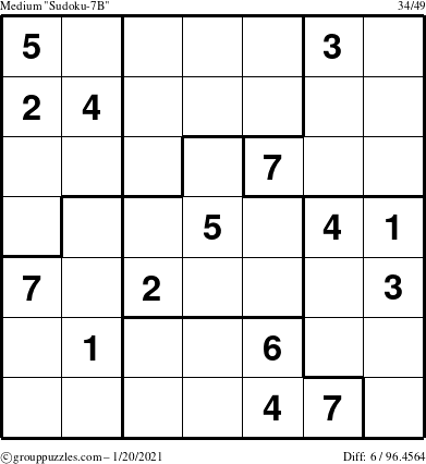 The grouppuzzles.com Medium Sudoku-7B puzzle for Wednesday January 20, 2021