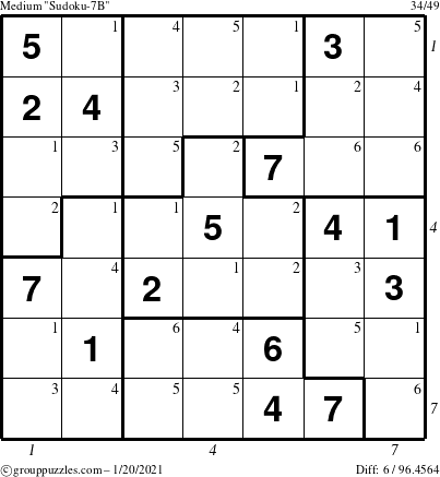 The grouppuzzles.com Medium Sudoku-7B puzzle for Wednesday January 20, 2021, suitable for printing, with all 6 steps marked