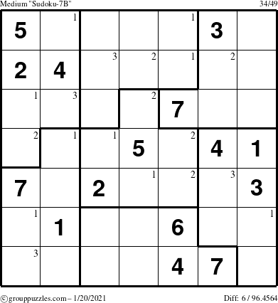 The grouppuzzles.com Medium Sudoku-7B puzzle for Wednesday January 20, 2021 with the first 3 steps marked